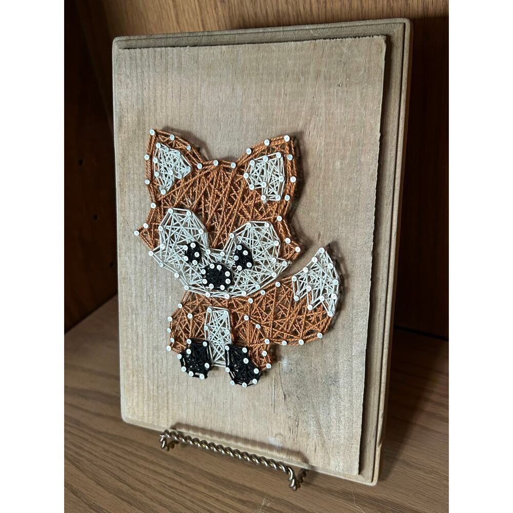 Handmade wall art- yarn art- cute crittersrs fox- nursery kids room cabin lake